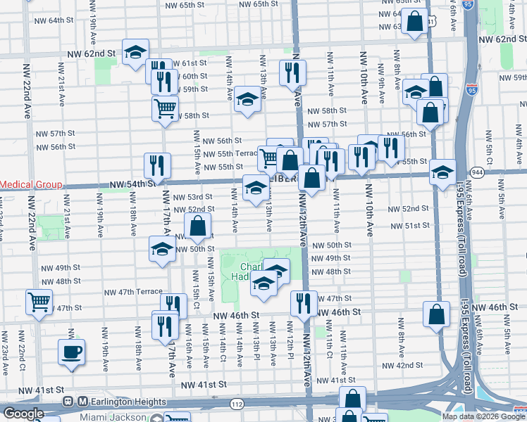 map of restaurants, bars, coffee shops, grocery stores, and more near 1311 Northwest 51st Terrace in Miami