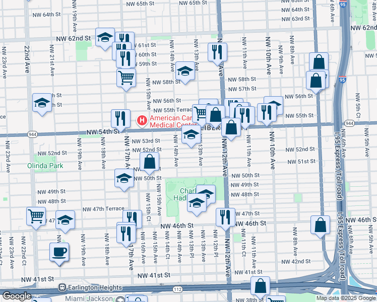map of restaurants, bars, coffee shops, grocery stores, and more near 1381 Northwest 51st Terrace in Miami