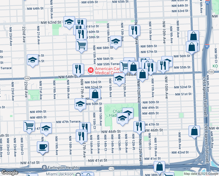 map of restaurants, bars, coffee shops, grocery stores, and more near 1381 Northwest 51st Terrace in Miami