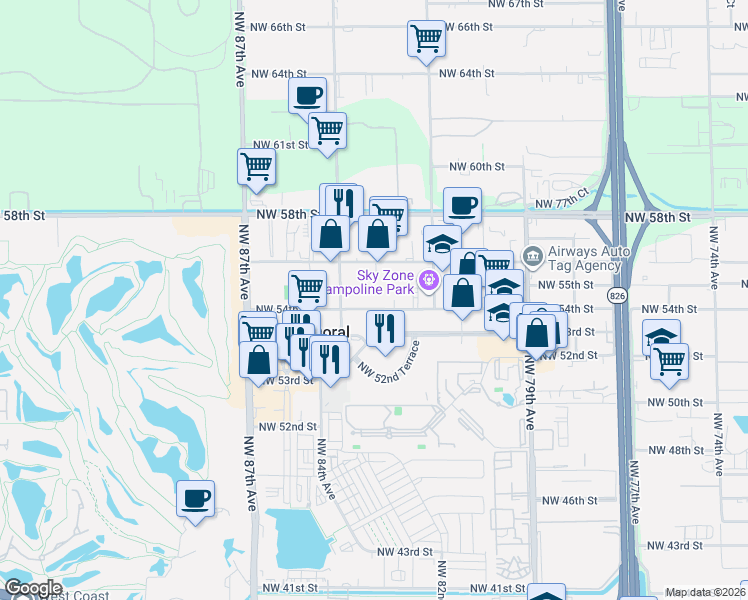 map of restaurants, bars, coffee shops, grocery stores, and more near 8355 Northwest 54th Street in Doral