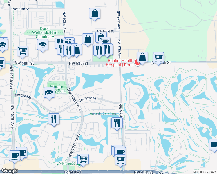 map of restaurants, bars, coffee shops, grocery stores, and more near 9755 Northwest 52nd Street in Doral