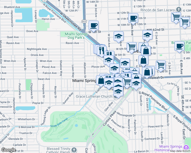 map of restaurants, bars, coffee shops, grocery stores, and more near 325 Cardinal Street in Miami Springs