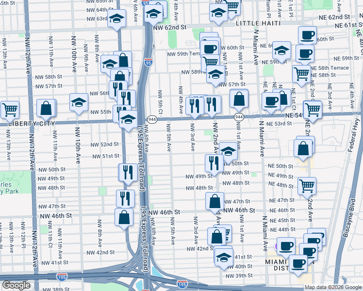 map of restaurants, bars, coffee shops, grocery stores, and more near 441 Northwest 51st Street in Miami