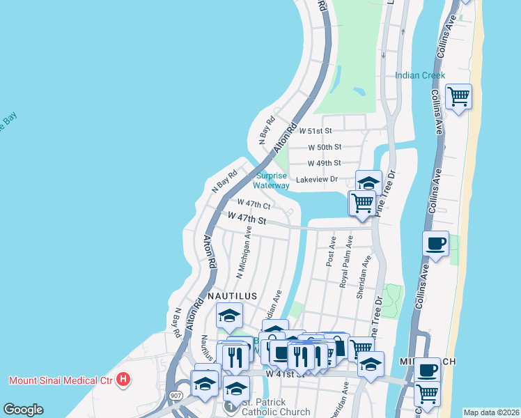 map of restaurants, bars, coffee shops, grocery stores, and more near 901 West 47th Street in Miami Beach