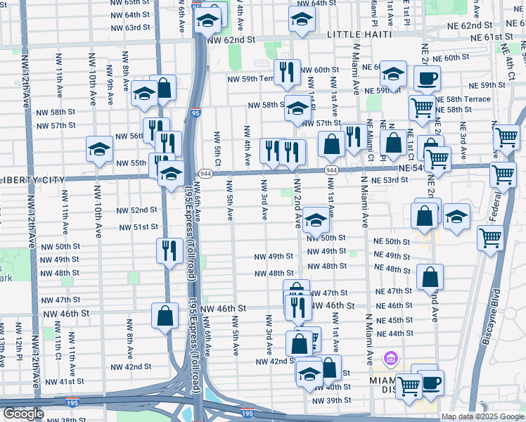 map of restaurants, bars, coffee shops, grocery stores, and more near 301 Northwest 51st Street in Miami