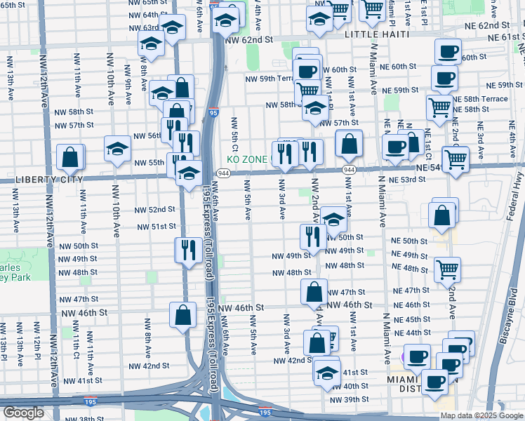 map of restaurants, bars, coffee shops, grocery stores, and more near 441 Northwest 51st Street in Miami