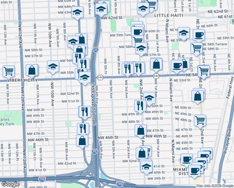 map of restaurants, bars, coffee shops, grocery stores, and more near 441 Northwest 51st Street in Miami