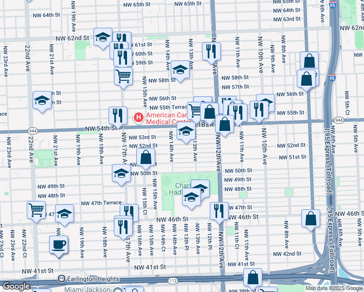 map of restaurants, bars, coffee shops, grocery stores, and more near 1381 Northwest 51st Terrace in Miami