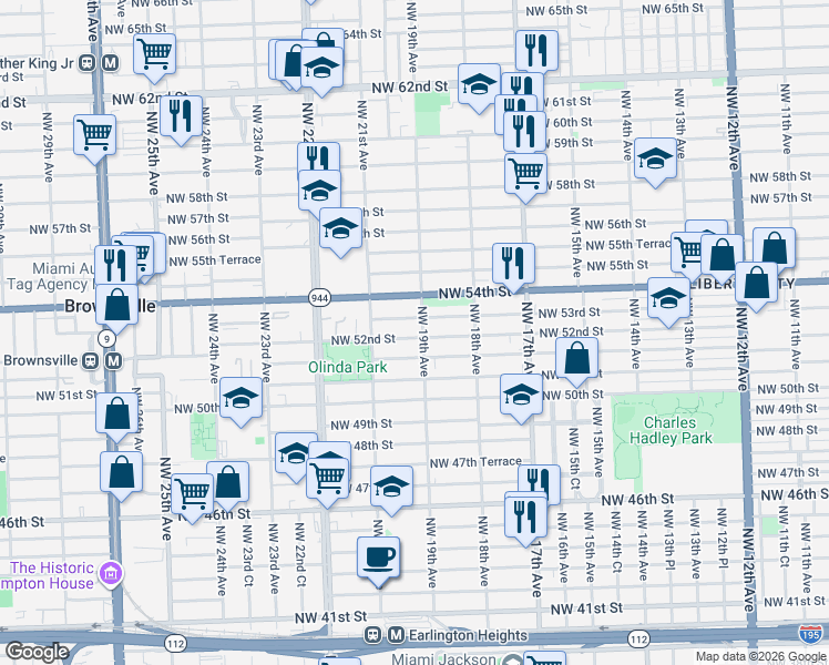 map of restaurants, bars, coffee shops, grocery stores, and more near 1918 Northwest 52nd Street in Miami