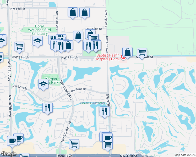 map of restaurants, bars, coffee shops, grocery stores, and more near 9755 Northwest 52nd Street in Doral