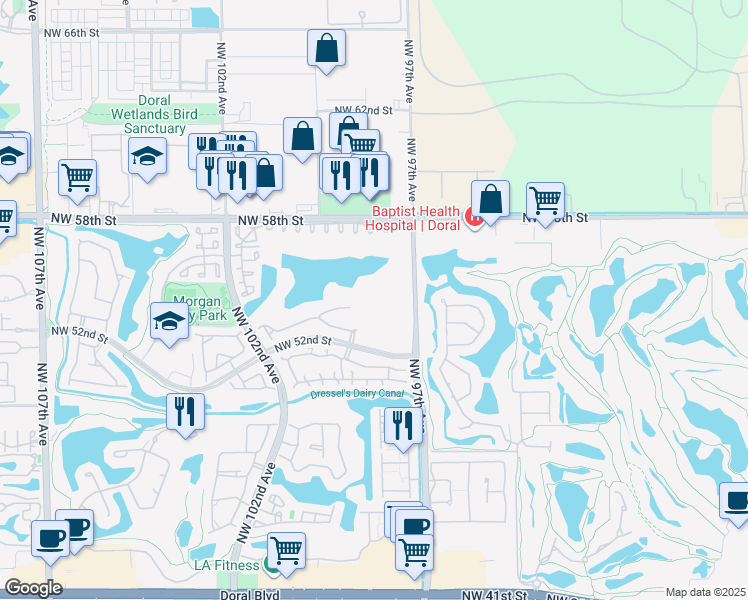 map of restaurants, bars, coffee shops, grocery stores, and more near 9755 Northwest 52nd Street in Doral