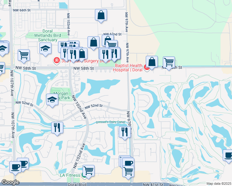 map of restaurants, bars, coffee shops, grocery stores, and more near 9755 Northwest 52nd Street in Doral