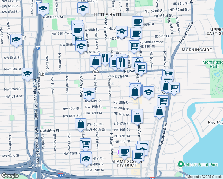 map of restaurants, bars, coffee shops, grocery stores, and more near 5100 North Miami Avenue in Miami