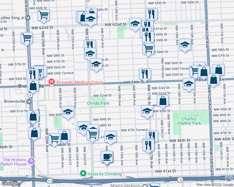 map of restaurants, bars, coffee shops, grocery stores, and more near 1918 Northwest 52nd Street in Miami