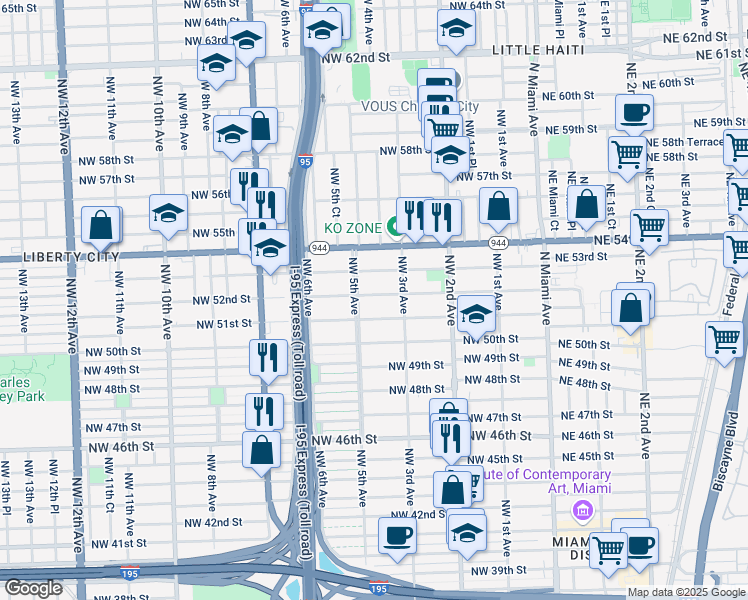 map of restaurants, bars, coffee shops, grocery stores, and more near 441 Northwest 51st Street in Miami