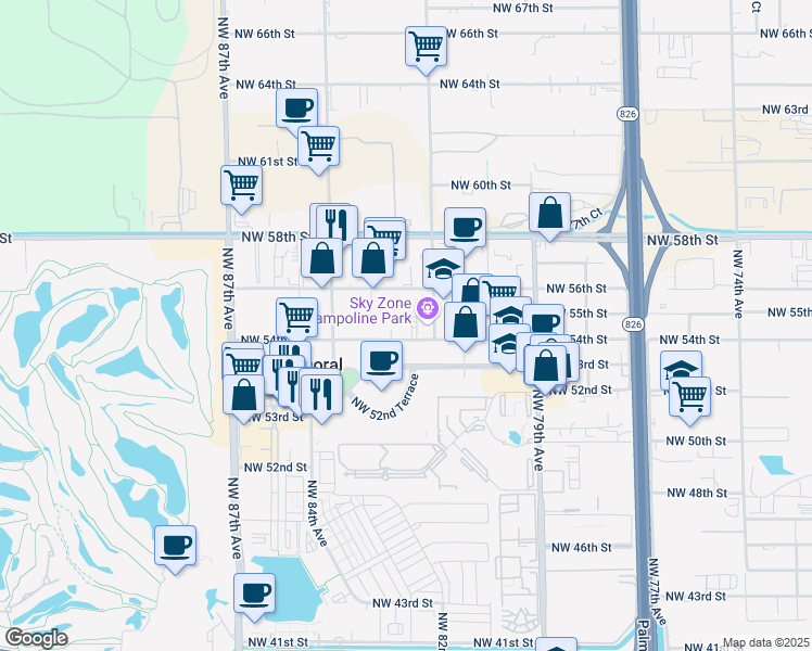 map of restaurants, bars, coffee shops, grocery stores, and more near 8227 Northwest 54th Street in Miami