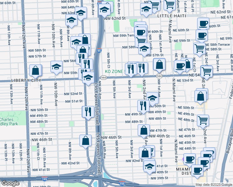 map of restaurants, bars, coffee shops, grocery stores, and more near 441 Northwest 51st Street in Miami