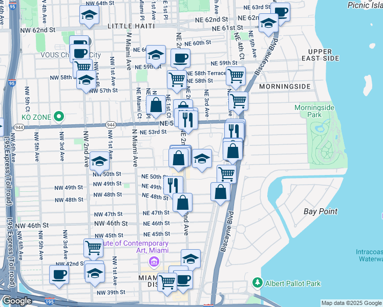 map of restaurants, bars, coffee shops, grocery stores, and more near 225 Northeast 51st Street in Miami
