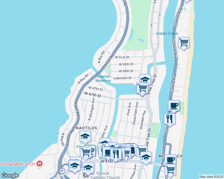 map of restaurants, bars, coffee shops, grocery stores, and more near 835 West 47th Street in Miami Beach