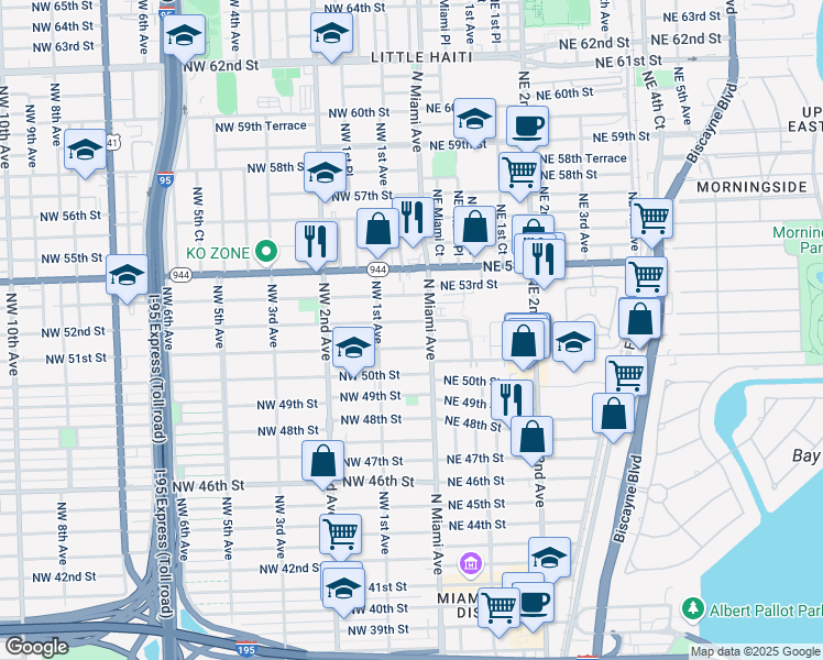 map of restaurants, bars, coffee shops, grocery stores, and more near 5100 North Miami Avenue in Miami