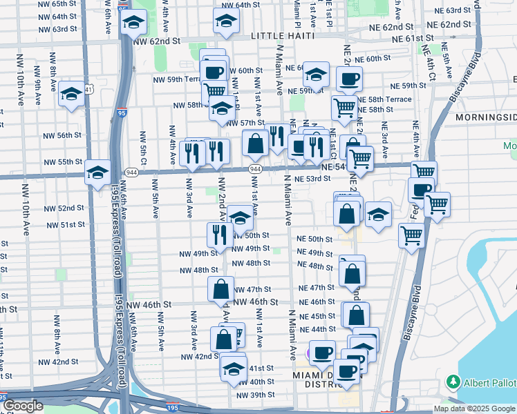 map of restaurants, bars, coffee shops, grocery stores, and more near 83 Northwest 51st Street in Miami