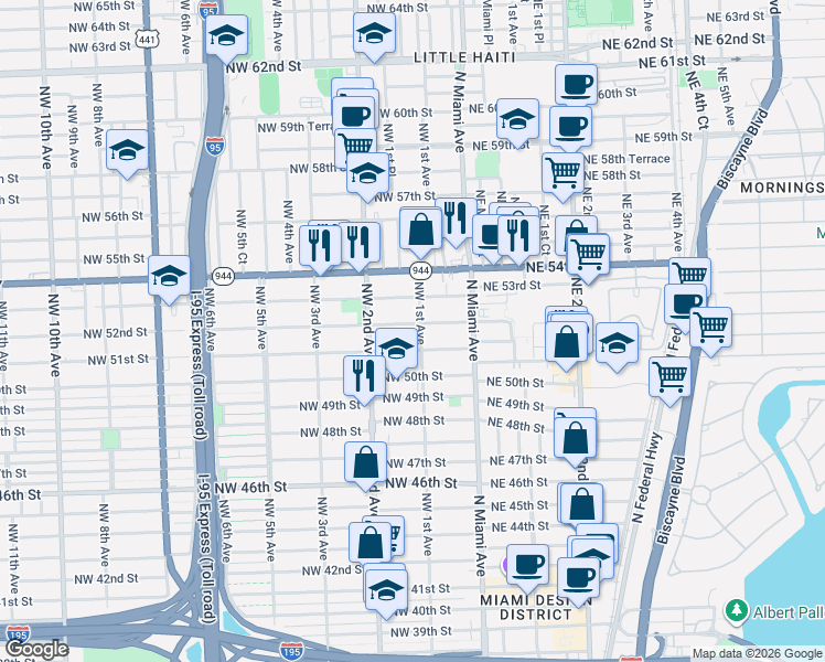 map of restaurants, bars, coffee shops, grocery stores, and more near 83 Northwest 51st Street in Miami