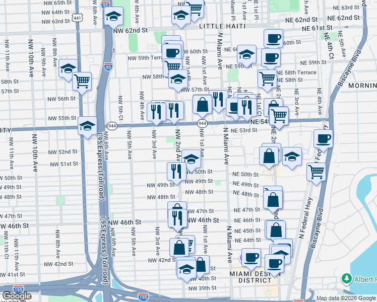 map of restaurants, bars, coffee shops, grocery stores, and more near 169 Northwest 51st Street in Miami