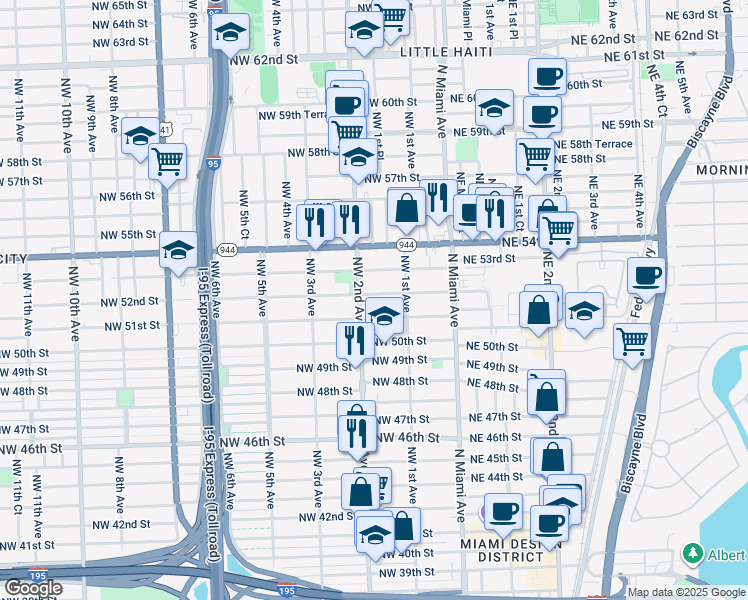 map of restaurants, bars, coffee shops, grocery stores, and more near 169 Northwest 51st Street in Miami