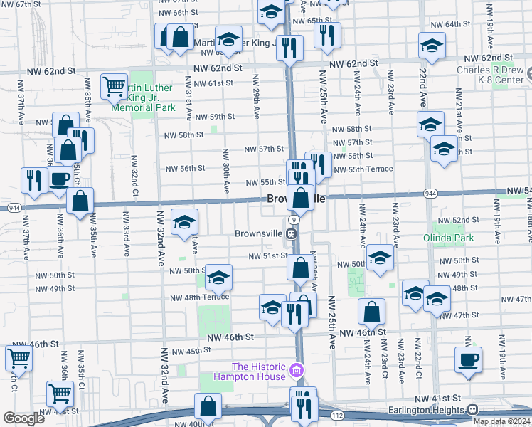 map of restaurants, bars, coffee shops, grocery stores, and more near 5255 Northwest 29th Avenue in Miami
