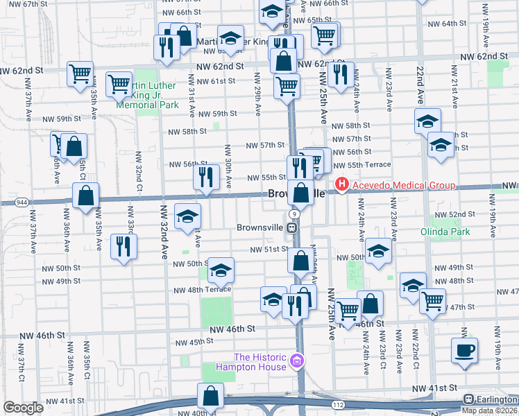map of restaurants, bars, coffee shops, grocery stores, and more near in Brownsville