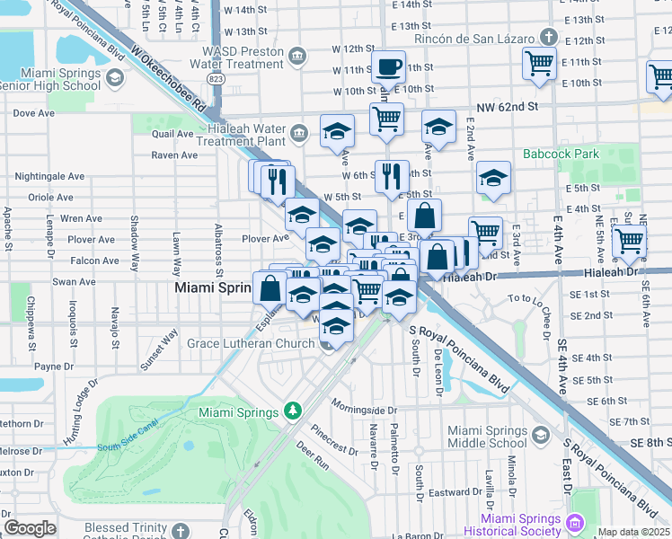 map of restaurants, bars, coffee shops, grocery stores, and more near 51 Park Street in Miami Springs
