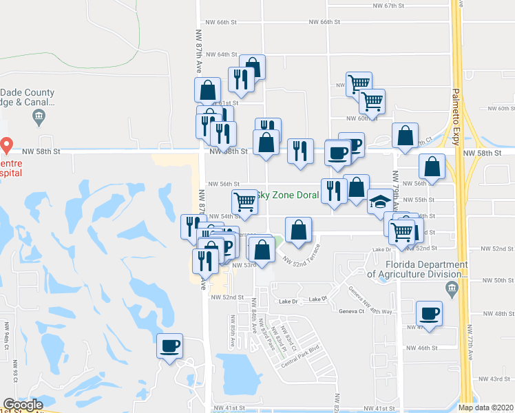 map of restaurants, bars, coffee shops, grocery stores, and more near 8401 Northwest 53rd Terrace in Miami