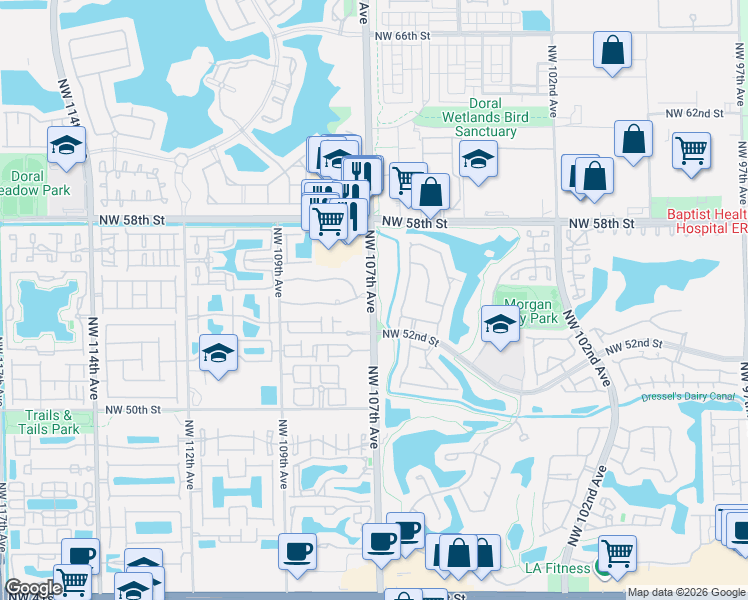 map of restaurants, bars, coffee shops, grocery stores, and more near 5432 Northwest 107th Avenue in Doral