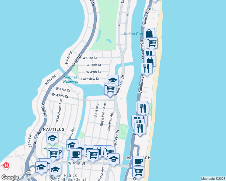 map of restaurants, bars, coffee shops, grocery stores, and more near 4760 Pine Tree Drive in Miami Beach