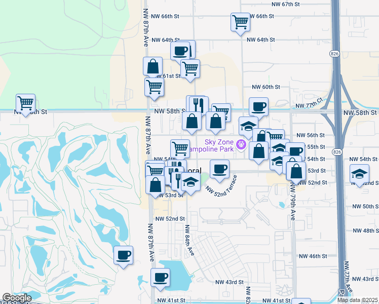 map of restaurants, bars, coffee shops, grocery stores, and more near 8401 Northwest 53rd Terrace in Miami