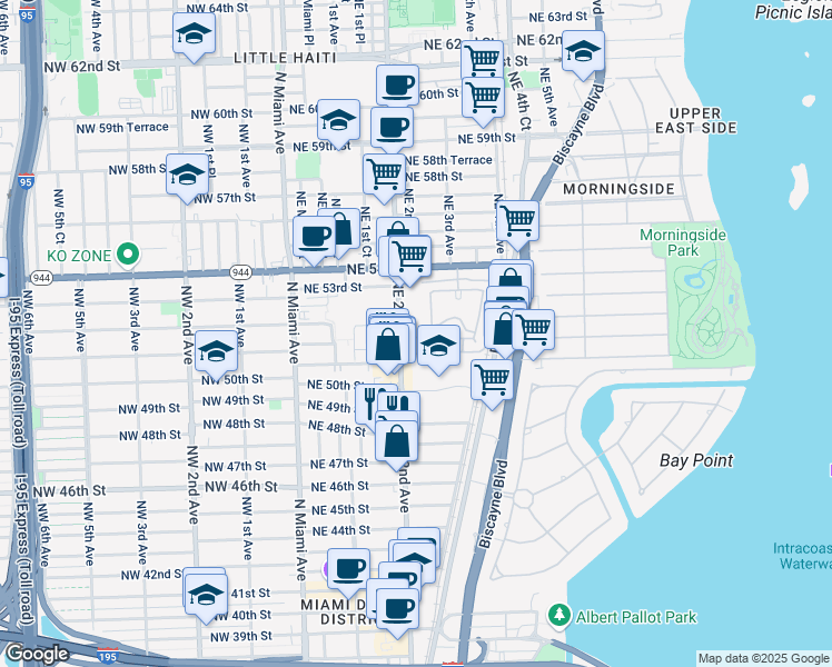 map of restaurants, bars, coffee shops, grocery stores, and more near 225 Northeast 51st Street in Miami