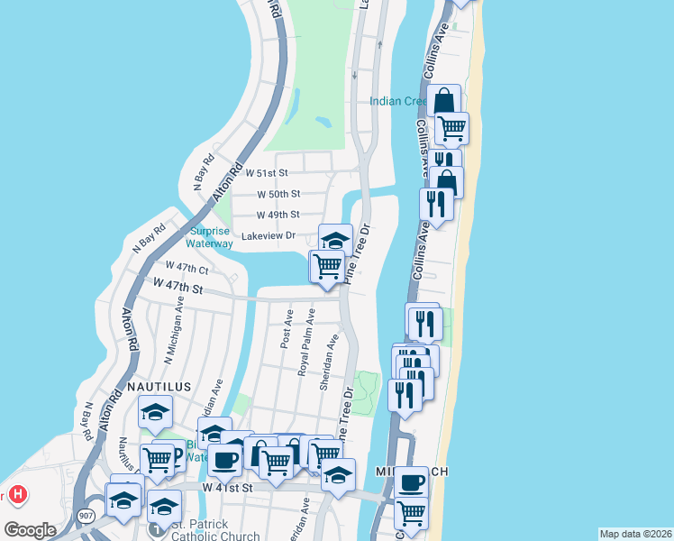 map of restaurants, bars, coffee shops, grocery stores, and more near 4760 Pine Tree Drive in Miami Beach