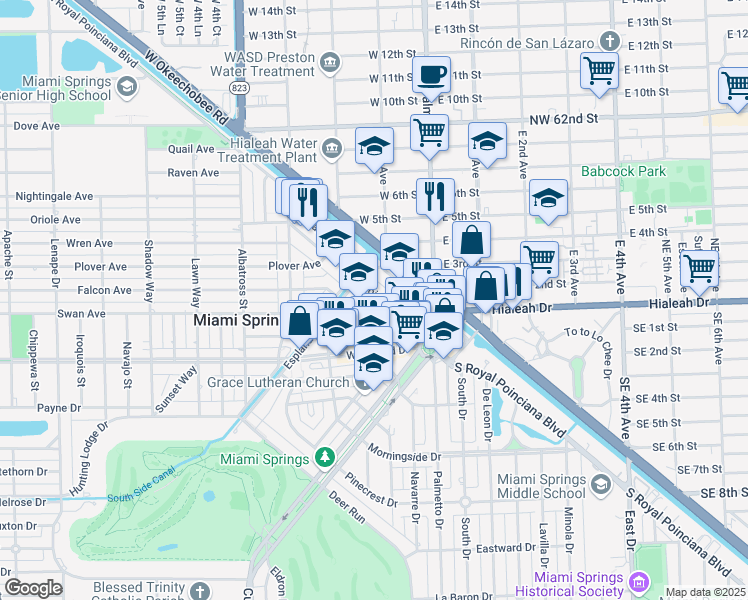 map of restaurants, bars, coffee shops, grocery stores, and more near 51 Park Street in Miami Springs