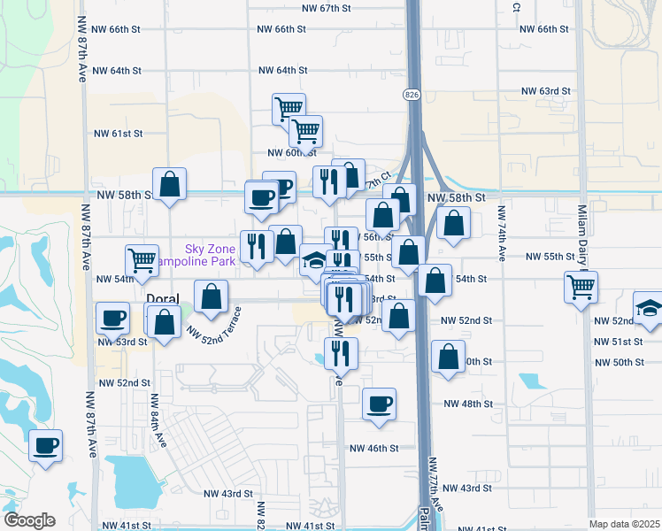 map of restaurants, bars, coffee shops, grocery stores, and more near 7955 Northwest 54th Street in Doral