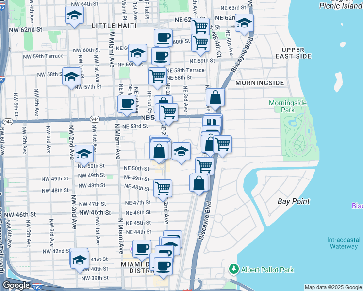 map of restaurants, bars, coffee shops, grocery stores, and more near 284 Northeast 51st Street in Miami