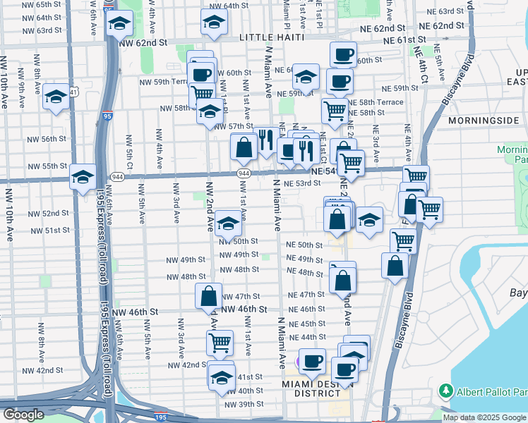map of restaurants, bars, coffee shops, grocery stores, and more near 5100 North Miami Avenue in Miami