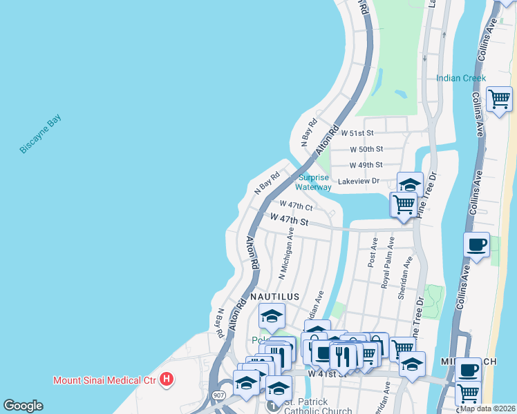 map of restaurants, bars, coffee shops, grocery stores, and more near 4628 Alton Road in Miami Beach