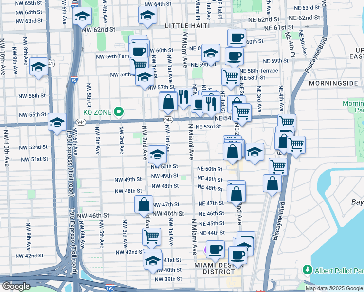 map of restaurants, bars, coffee shops, grocery stores, and more near 36 Northwest 52nd Street in Miami