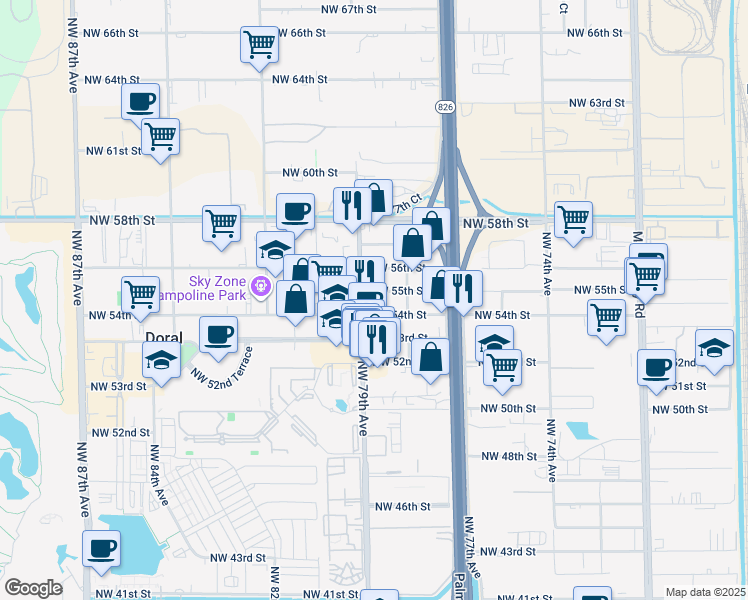 map of restaurants, bars, coffee shops, grocery stores, and more near 7856 Northwest 54th Street in Doral