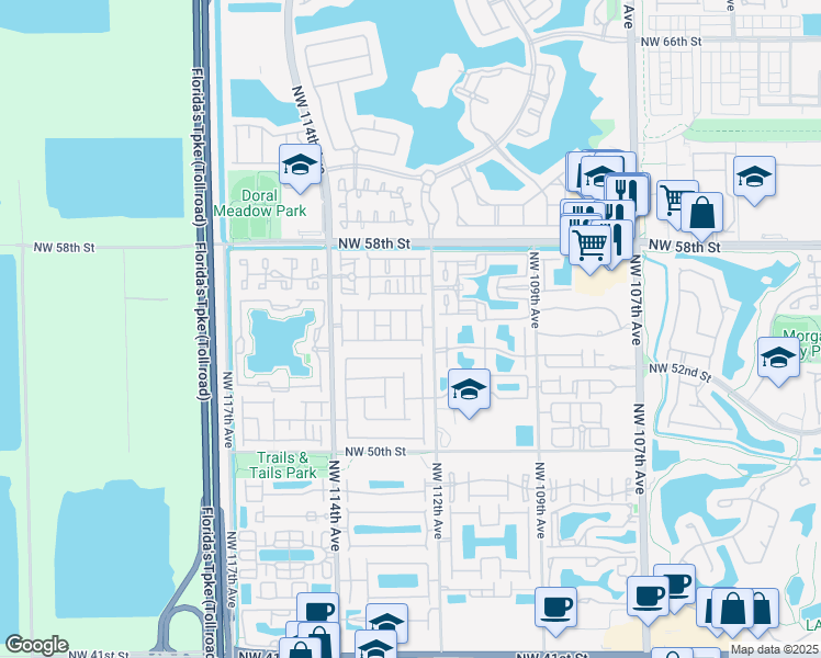 map of restaurants, bars, coffee shops, grocery stores, and more near 11239 Northwest 53rd Lane in Doral