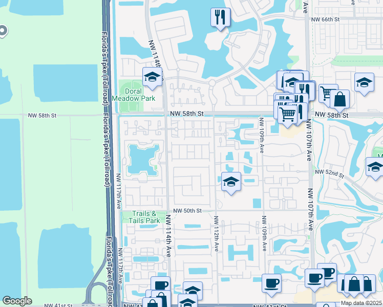 map of restaurants, bars, coffee shops, grocery stores, and more near 11312 Northwest 54th Terrace in Doral
