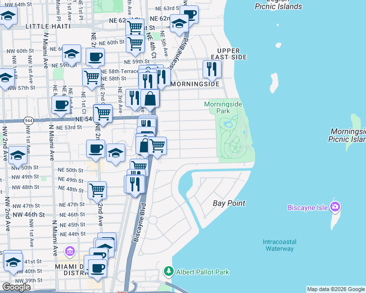 map of restaurants, bars, coffee shops, grocery stores, and more near 525 Northeast 50th Terrace in Miami