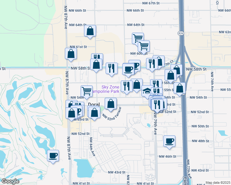 map of restaurants, bars, coffee shops, grocery stores, and more near 8227 Northwest 54th Street in Miami