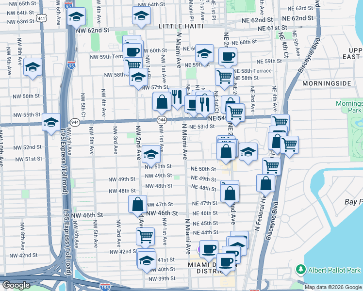 map of restaurants, bars, coffee shops, grocery stores, and more near 10 Northwest 52nd Street in Miami