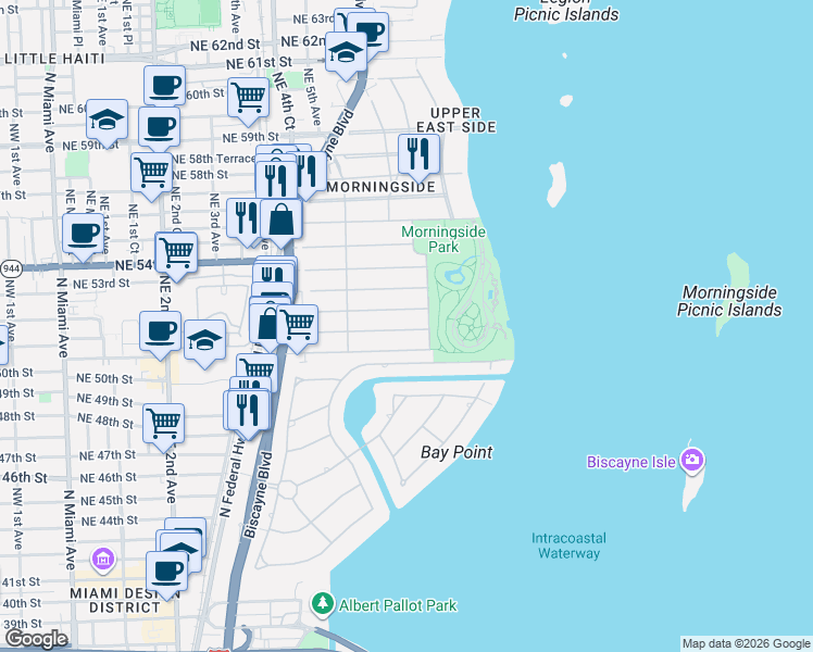 map of restaurants, bars, coffee shops, grocery stores, and more near 655 Northeast 50th Terrace in Miami
